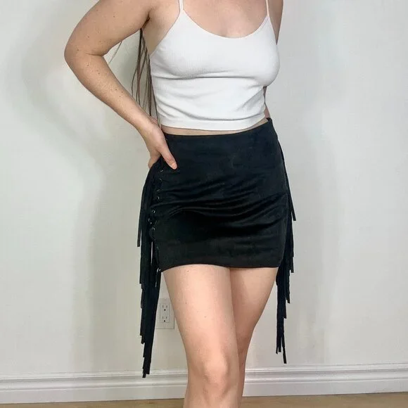 Forever 21 Skirts Forever Black Faux Suede Fringe Mini Skirt